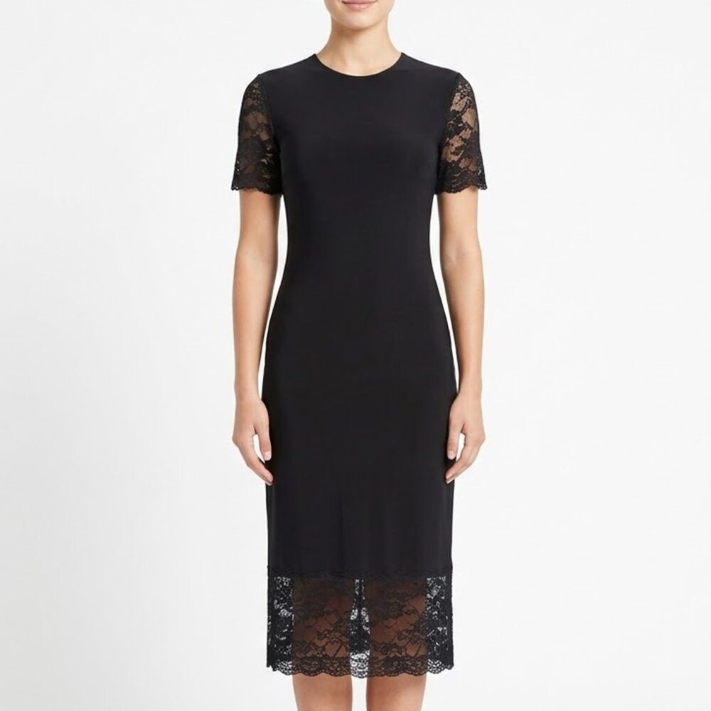 KAMALIKULTURE Whimsigoth Black Lace Trim Stretch Midi Sheath Dress Sz Small